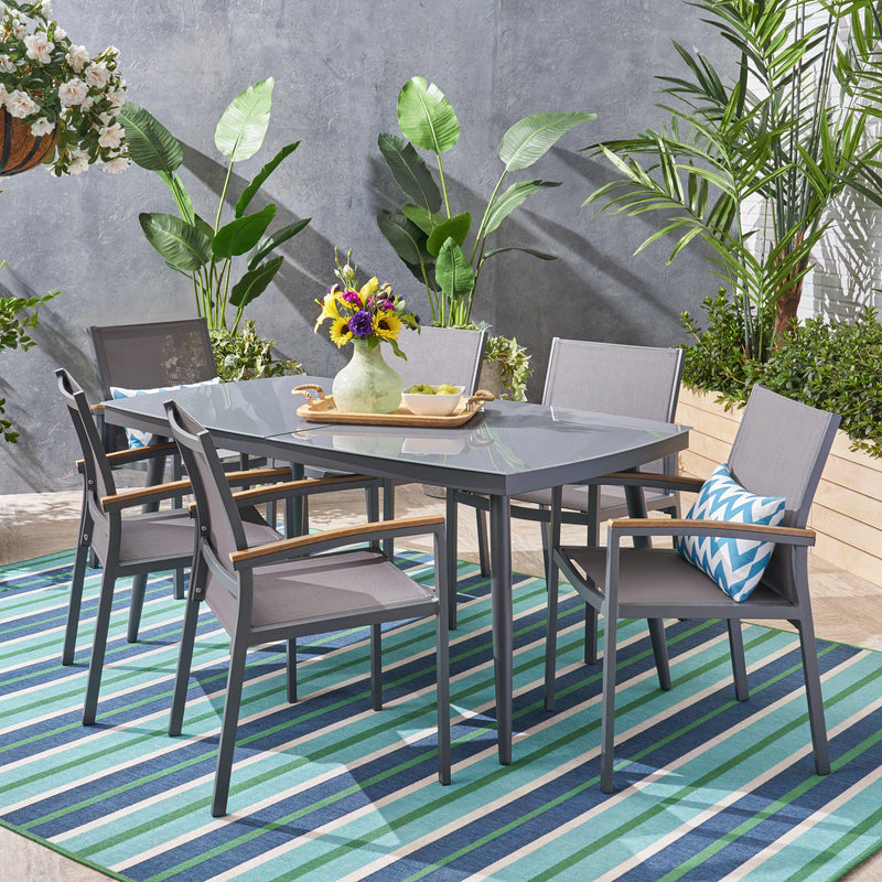 Outdoor 7 Piece Aluminum and Mesh Dining Set with Glass Top - NH004503