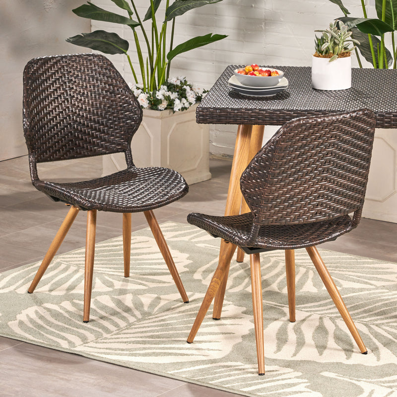Outdoor Multi-brown Wicker Dining Chairs with Brown Wood Finish Metal Legs (Set of 2) - NH151403