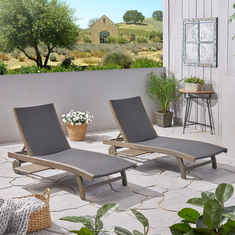 Outdoor Wicker and Wood Chaise Lounge with Pull-Out Tray - NH276703