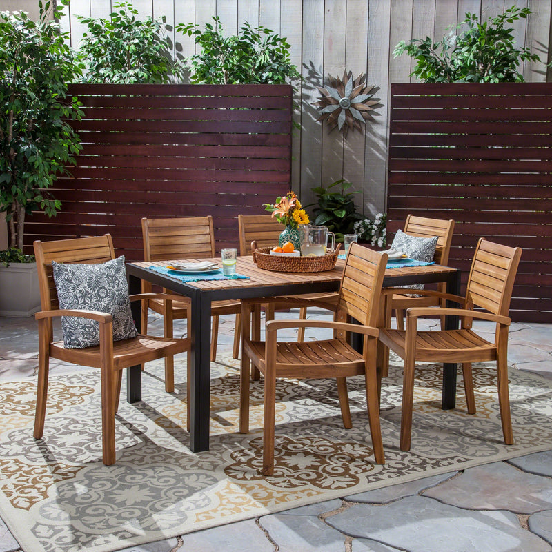 Outdoor 6-Seater Rectangular Acacia Wood Dining Set, Teak and Black - NH903603