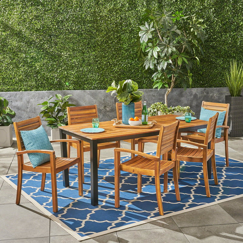 Outdoor 6-Seater Rectangular Acacia Wood Dining Set, Teak Finish - NH984603