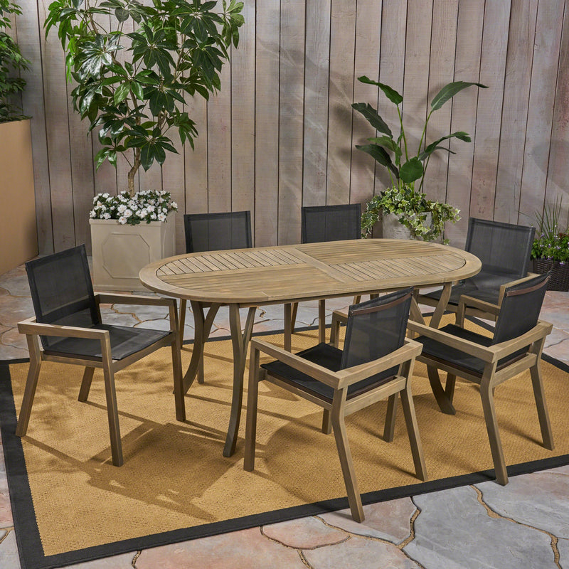 Outdoor Acacia Wood 6 Seater Patio Dining Set with Mesh Seats - NH359603