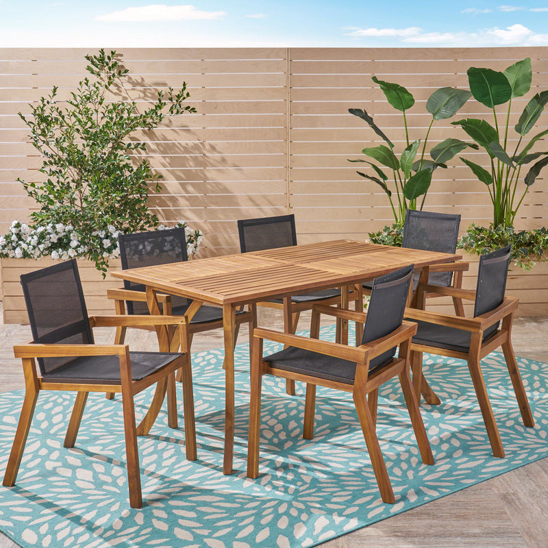 Outdoor Acacia Wood 7 Piece Dining Set with Mesh Seats - NH949603