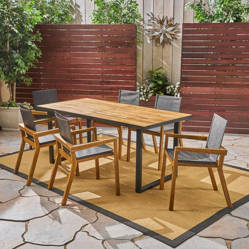 Outdoor Acacia Wood 7 Piece Dining Set with Mesh Seats - NH649603