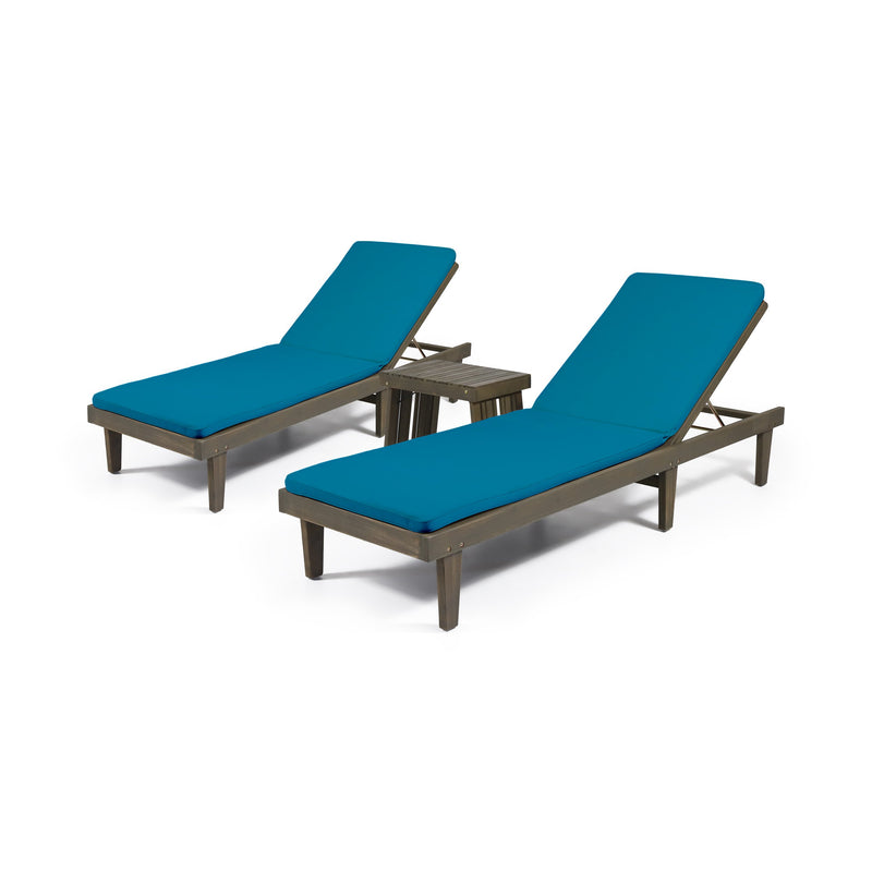 Outdoor Acacia Wood 3 Piece Chaise Lounge Set with Water-Resistant Cushions - NH437213