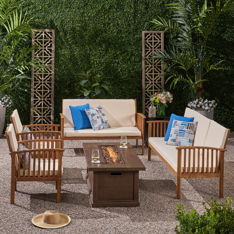 Outdoor 6 Piece Acacia Wood Sofa and Loveseat Conversational Set with Fire Pit - NH602803
