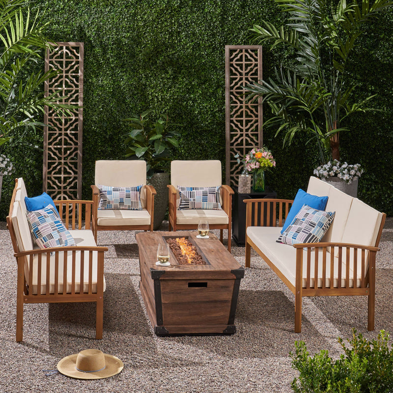 Outdoor 4 Piece Acacia Wood Conversational Sofa Set with Cushions and Fire Pit - NH328703