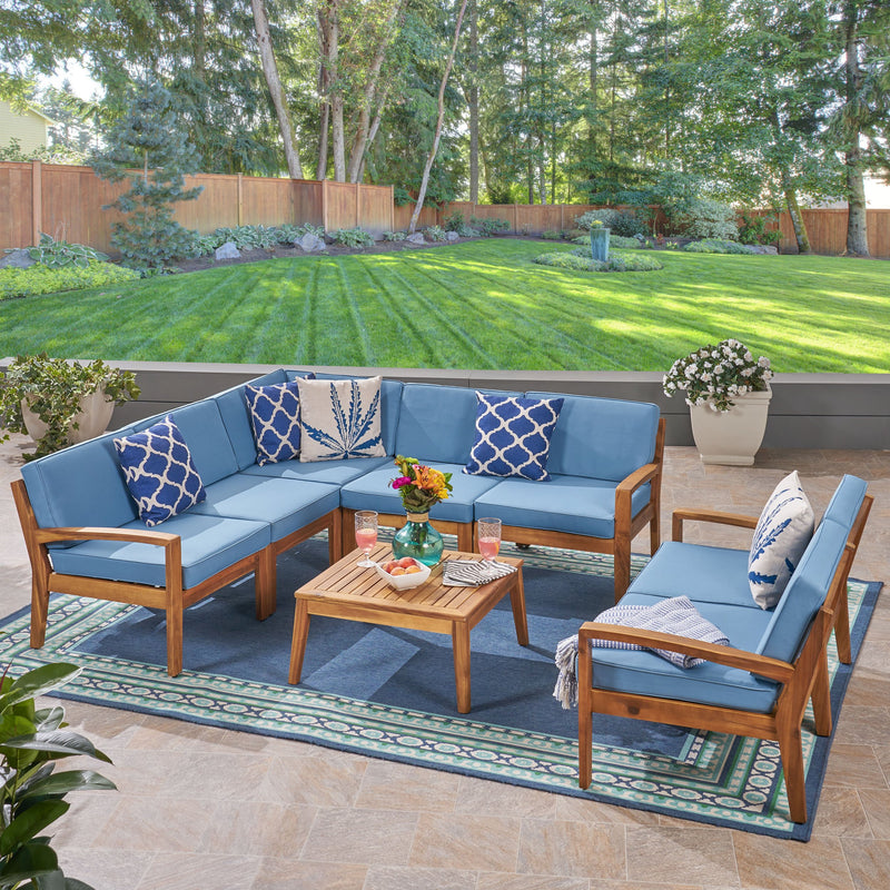 Outdoor Acacia Wood 7 Seater Sectional Sofa and Loveseat Set with Coffee Table - NH845603