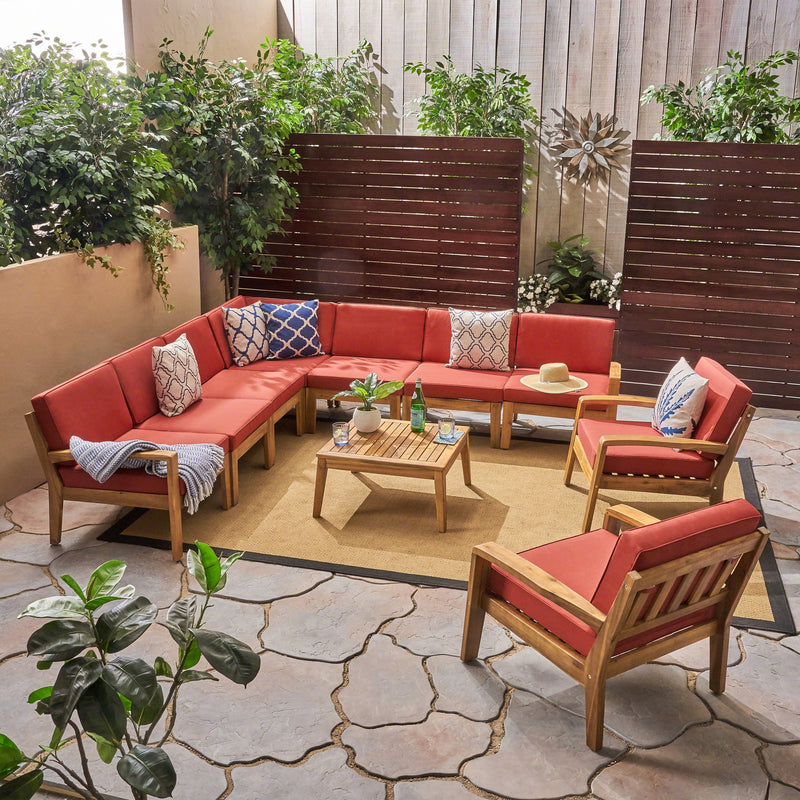 Outdoor Acacia Wood 9 Seater Sectional Sofa and Club Chair Set with Coffee Table - NH755603