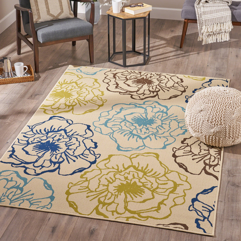 Indoor Floral 5 x 8 Area Rug, Ivory and Green - NH436503