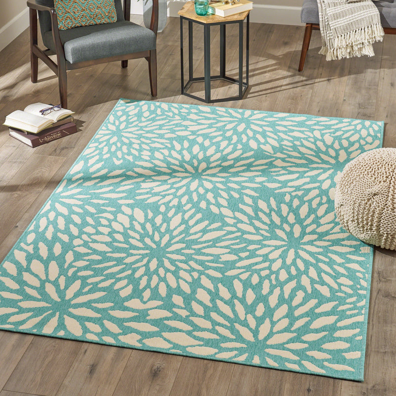 Indoor Floral Area Rug, Blue and Ivory - NH156503