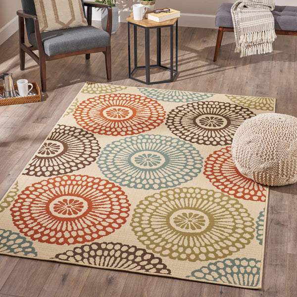 Indoor Floral Area Rug, Beige and Blue - NH426503