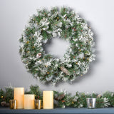 24" Cashmere Pine and Mixed Needles Warm White LED Artificial Christmas Wreath with Flocked Snow, Glitter Branches, and Pinecones - NH793703