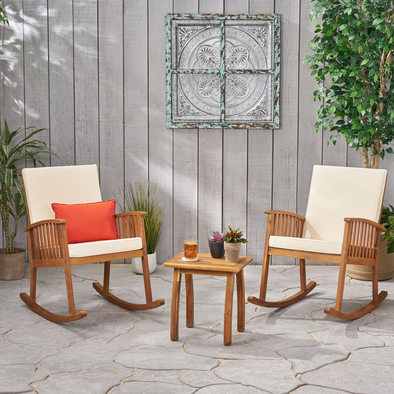 Outdoor Acacia Wood 2 Seater Rocking Chairs and Side Table Set - NH396903
