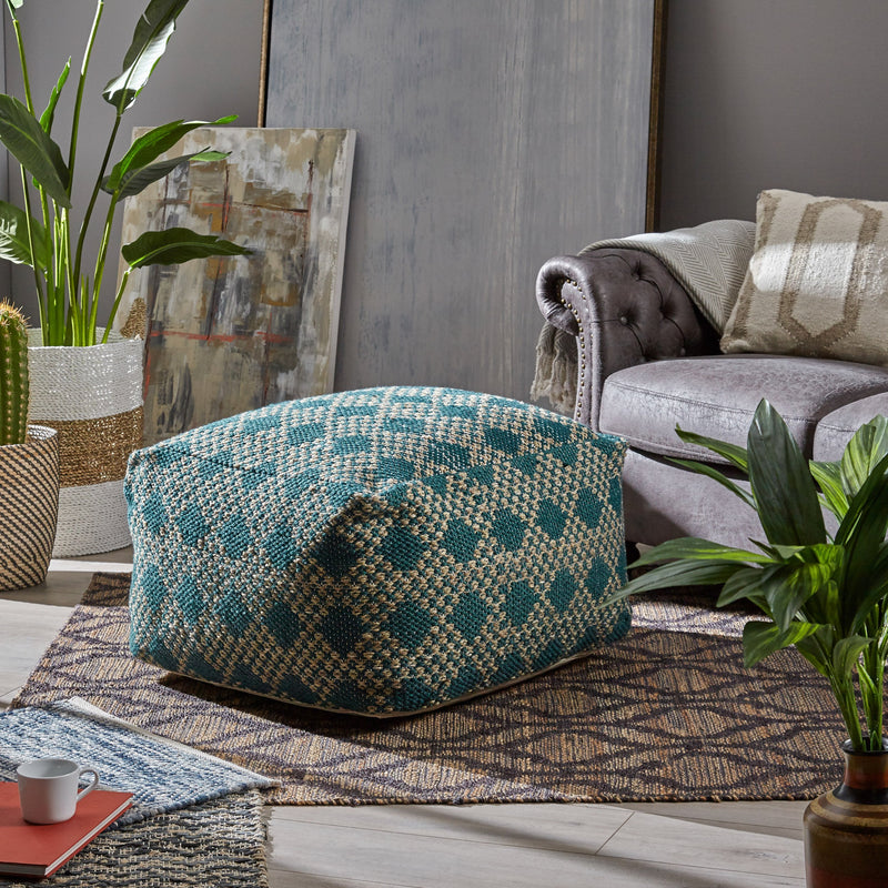 Large Square Casual Pouf, Boho, Beige and Teal Yarn - NH726703