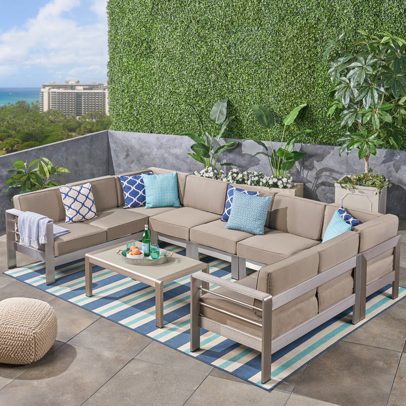 Outdoor 9-Seater Aluminum Sectional Sofa Set with Coffee Table, Silver and Khaki - NH105603