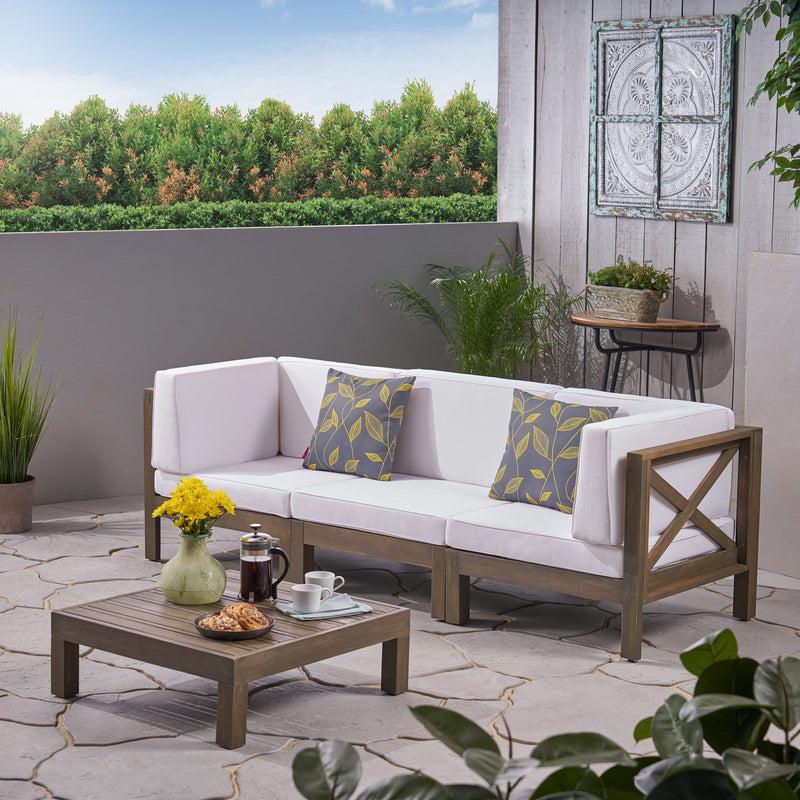 Outdoor Sectional Sofa Set with Coffee Table 3-Seater Acacia Wood Water-Resistant Cushions - NH407603