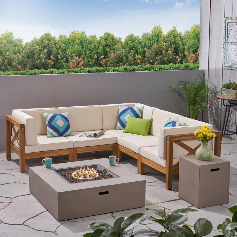 Outdoor Acacia Wood 5 Seater Sectional Sofa Set with Fire Pit - NH817603