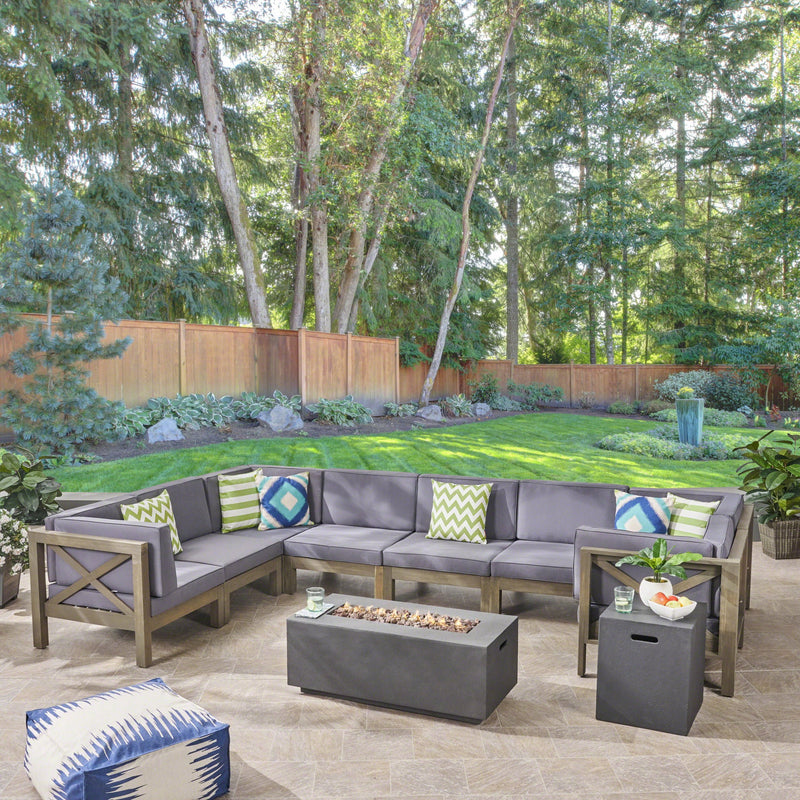 Outdoor Acacia Wood 8 Seater U-Shaped Sectional Sofa Set with Fire Pit - NH057603