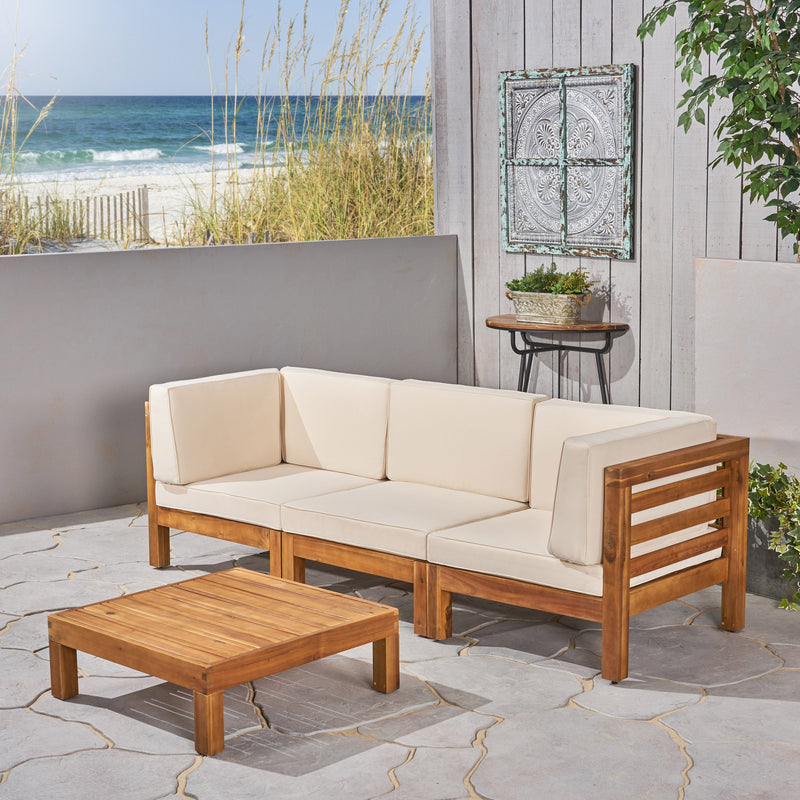 Outdoor Sectional Sofa Set with Coffee Table - 4-Piece 3-Seater - Acacia Wood - Outdoor Cushions - NH350703