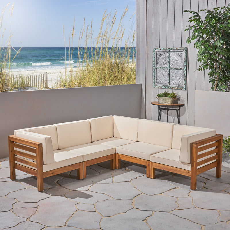 Outdoor V-Shaped Sectional Sofa Set - 5-Seater - Acacia Wood - Outdoor Cushions - NH260703