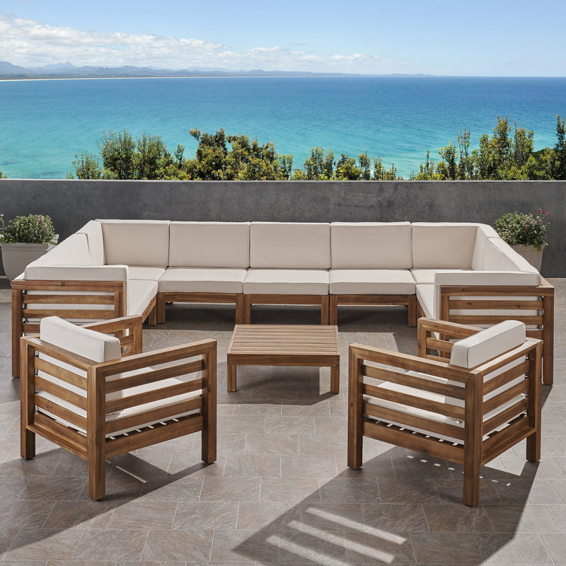 Outdoor 11 Seater Acacia Wood Sectional Sofa and Club Chair Set - NH984803