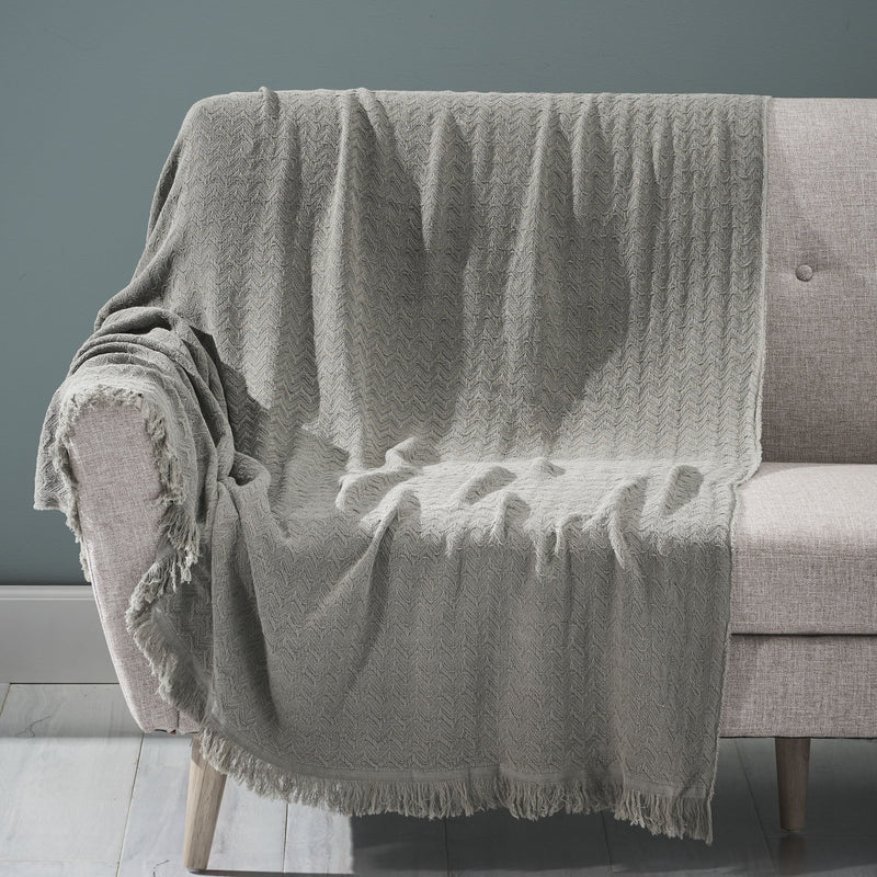 Contemporary Cotton Throw Blanket with Fringes, Gray - NH104903
