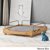 Wooden Small Pet Bed with Metal Railing and Plush Cushion, Blue and Natural Finish - NH222903