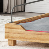 Wooden Small Pet Bed with Metal Railing and Plush Cushion, Blue and Natural Finish - NH222903