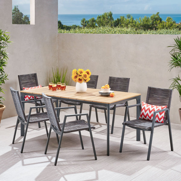 Outdoor Modern 6 Seater Aluminum Dining Set with Eucalyptus Table Top - NH058013