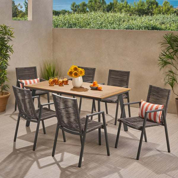 Outdoor Modern 6 Seater Aluminum Dining Set with Faux Wood Table Top - NH458013