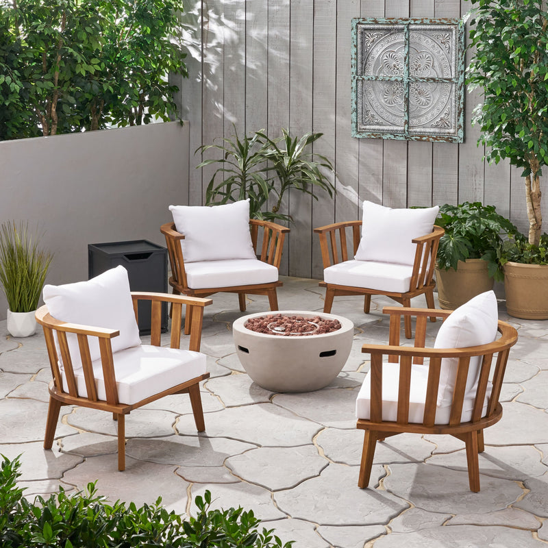 Outdoor Acacia Wood 4 Seater Club Chairs and Fire Pit Set - NH126903