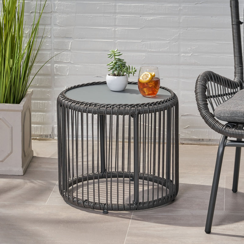 Outdoor Wicker Side Table with Tempered Glass Top - NH074013