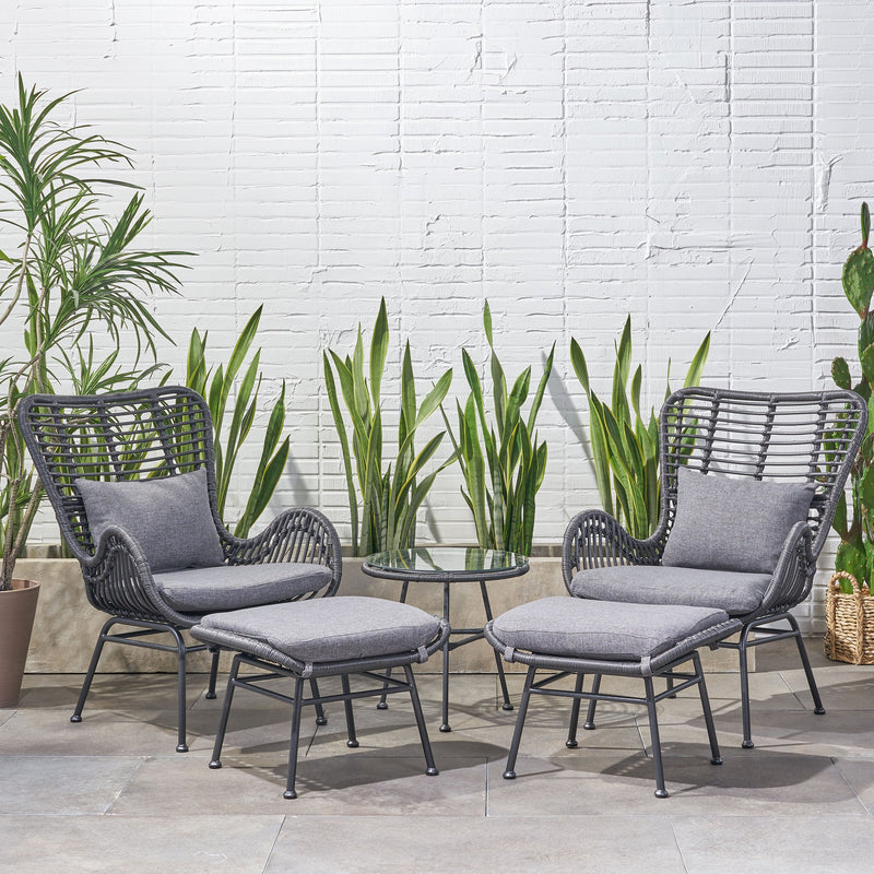 Outdoor 5 Piece Wicker Chat Set with Ottomans - NH190013