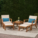 Outdoor Mid-Century Modern Acacia Wood 2 Seater Chat Set with Ottomans - NH251213