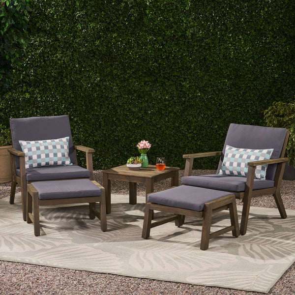 Outdoor Mid-Century Modern Acacia Wood 2 Seater Chat Set with Ottomans - NH251213