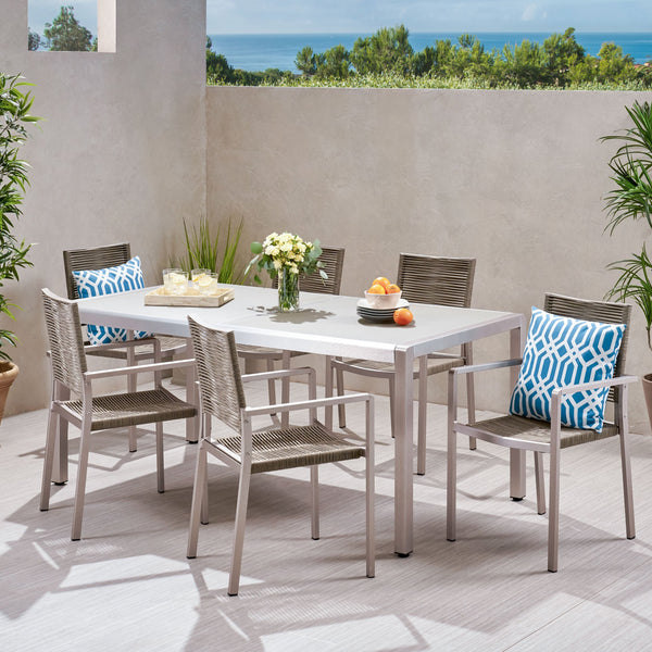 Outdoor Modern 6 Seater Aluminum Dining Set with Tempered Glass Table Top - NH938013