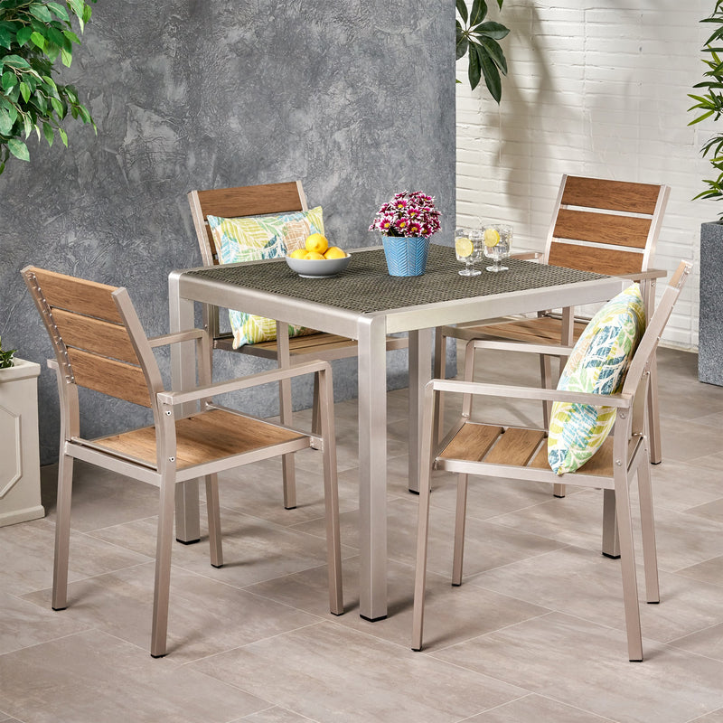 Outdoor Modern Aluminum 4 Seater Dining Set with Faux Wood Seats and Wicker Table Top - NH269013