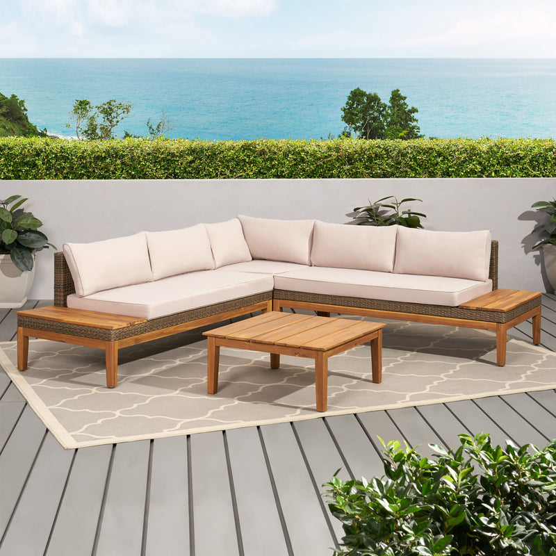 Outdoor Acacia Wood and Wicker 5 Seater Sectional Sofa Set with Water-Resistant Cushions - NH761113