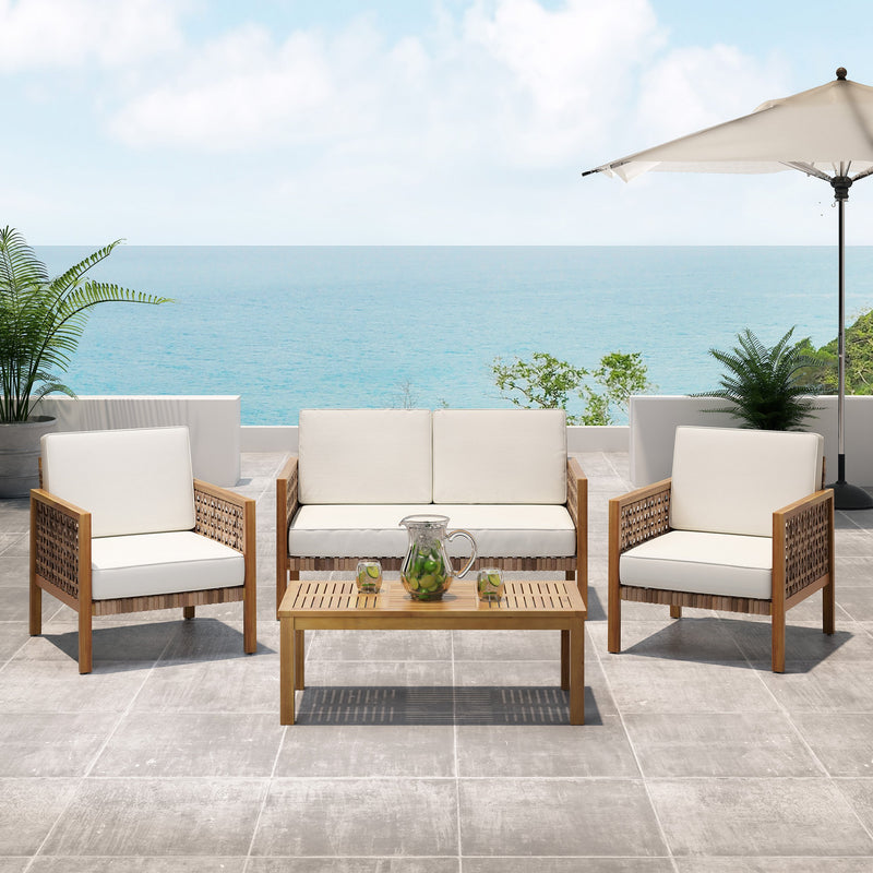 Outdoor 4 Seater Acacia Wood Chat Set with Wicker Accents - NH979213