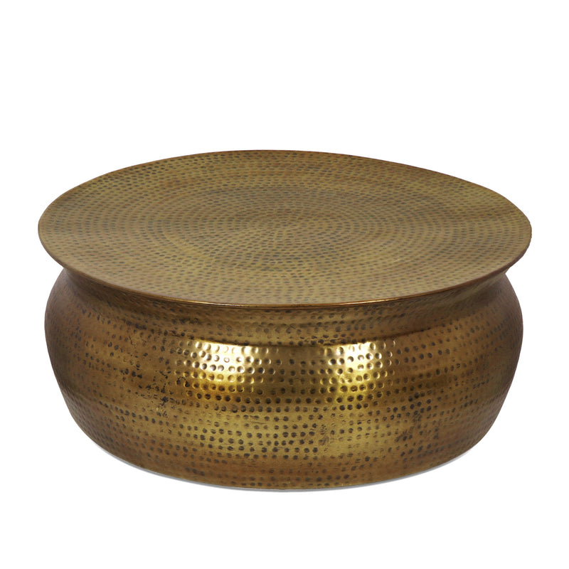 Modern Handcrafted Aluminum Drum Coffee Table, Aged Brass - NH867413