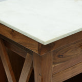 Rustic Glam Handcrafted Marble Top Acacia Wood Kitchen Cart with Wheels, Natural and Natural White - NH297413