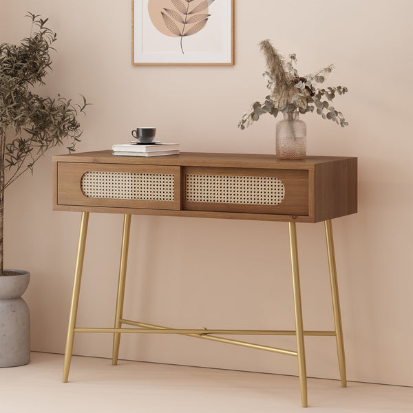 Rustic Glam Console Table with Wicker Accents, Walnut, Natural, and Antique Gold - NH192513