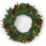 24" Mixed Pine Pre-Lit Warm White LED Artificial Christmas Wreath with Pine Cones and Berries - NH235313