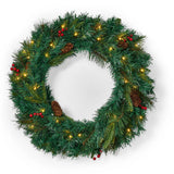 24" Mixed Pine Pre-Lit Warm White LED Artificial Christmas Wreath with Berries - NH435313