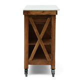 Rustic Glam Handcrafted Marble Top Acacia Wood Kitchen Cart with Wheels, Natural and Natural White - NH297413