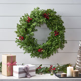26" Artificial Boxwood Wreath with Red Berries - NH370413