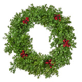 26" Artificial Boxwood Wreath with Red Berries - NH370413
