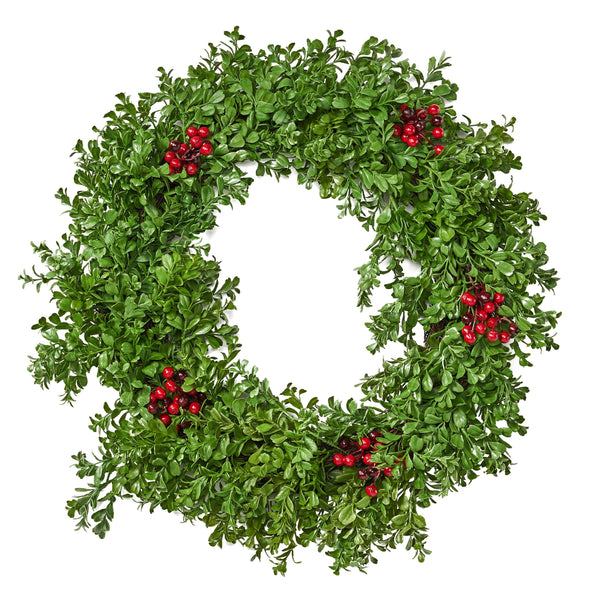 26" Artificial Boxwood Wreath with Red Berries - NH370413