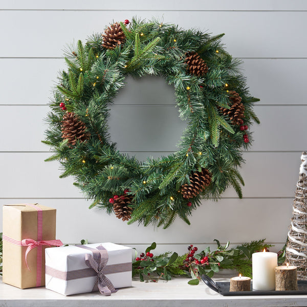 24" Mixed Pine Pre-Lit Warm White LED Artificial Christmas Wreath with Pine Cones and Berries - NH235313
